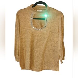 89th Madison Mustard Colored Jeweled Neckline Blouse Holiday SZ L